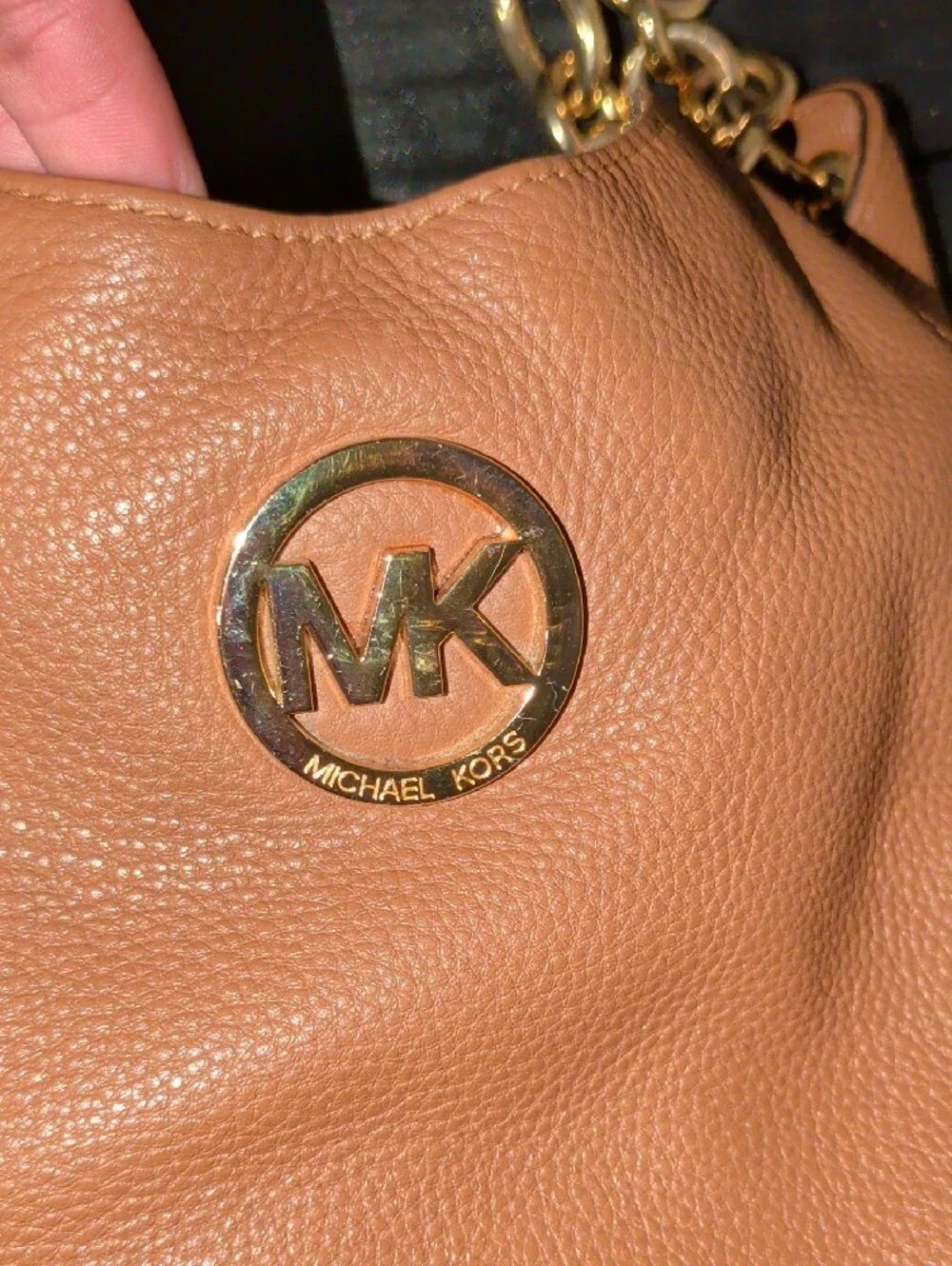 Michael Kors Cognac Pebbled Leather Shoulder Hobo with Gold Logo